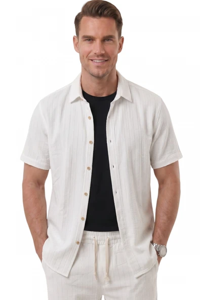 DeepSEA Slim Fit Çizgi Dokulu Keten Görünümlü Kısa Kol Erkek Spor Gömlek 2602648 ürün görseli 1