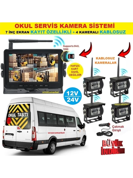 Okul Servis Kamera Sistemi (7 Inç Kayıt Yapabilen Ekran + 4 Adet Kablosuz Kamera Hepsi Bir Arada) ürün görseli 1