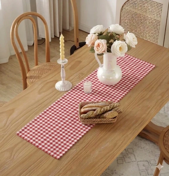 Rustik Kırmızı Pötikare Runner 30x90 cm Zefir Kumaş Sofra Dekoru - Resim 3
