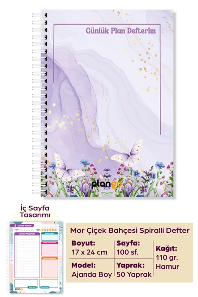 Mor Çiçek Bahçesi Spiralli Günlük Planlama Defteri - 100 Sayfa - 17x24 Planlayıcı Defter ürün görseli 1