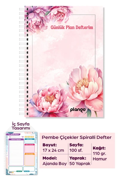 Pembe Çiçekler Spiralli Günlük Planlama Defteri - 100 Sayfa - 17x24 Planlayıcı Defter ürün görseli 1