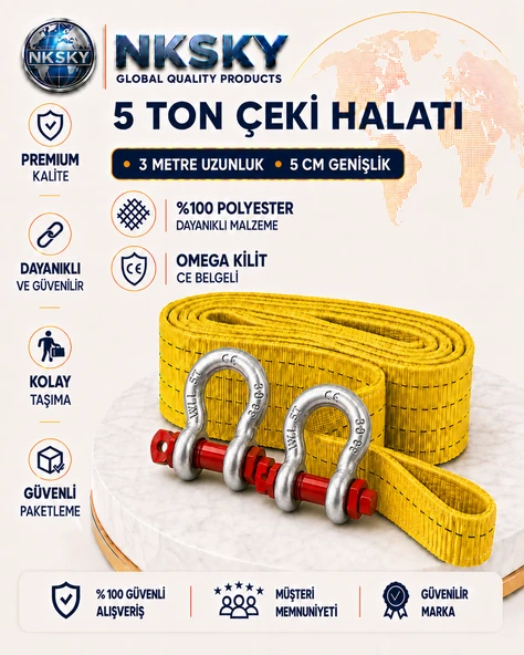 NKSKY 5 Ton CE Belgeli Araç Çekme Halatı 3 Metre 5 cm Genişlik Omega Kilitli Oto Çeki Halatı (Sarı) ürün görseli 1
