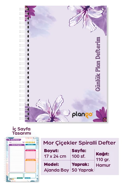 Mor Çiçekler Spiralli Günlük Planlama Defteri - 100 Sayfa - 17x24 Planlayıcı Defter ürün görseli 1