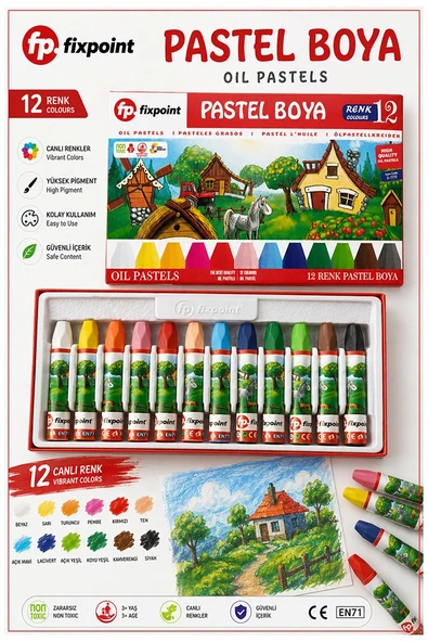 Pastel Boya 12 Renk 1 Paket Fixpoint Pastel Boya 12 li Karton Kutulu Parlak Canlı ve Örtücü Renkler ürün görseli 1