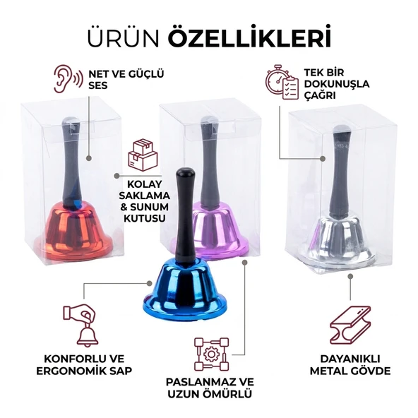 Parlak Renkli Metal Resepsiyon Çanı El Zili - Okul, Ofis, Masa Ve Etkinlik Çağrı Çanı 1 Adet ürün görseli 1