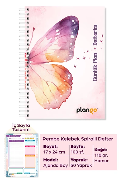 Pembe Kelebek Spiralli Günlük Planlama Defteri - 100 Sayfa - 17x24 Planlayıcı Defter ürün görseli 1
