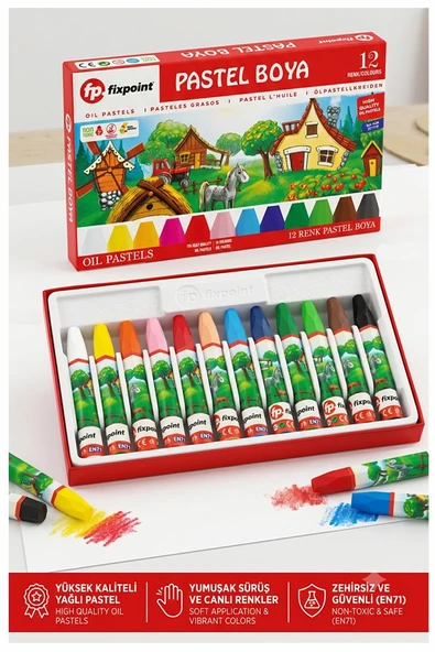 Pastel Boya 12 Renk 1 Paket Fixpoint Pastel Boya 12 li Karton Kutulu Parlak Canlı ve Örtücü Renkler ürün görseli 1