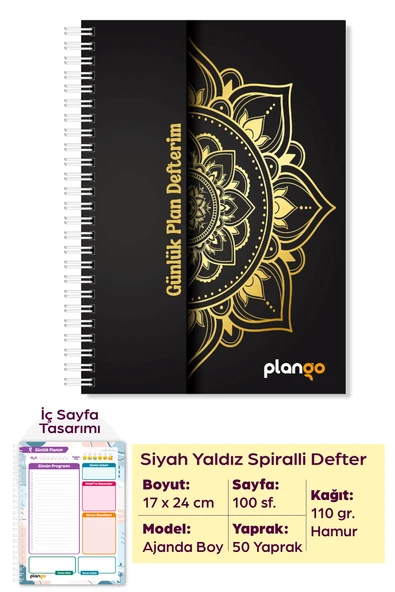 Siyah Yaldız Spiralli Günlük Planlama Defteri - 100 Sayfa - 17x24 Planlayıcı Defter ürün görseli 1