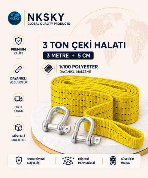NKSKY 3 Ton Araç Çekme Halatı 3 Metre 5 cm Genişlik Güçlendirilmiş Uçlu Oto Çeki Halatı (Sarı) ürün görseli 1