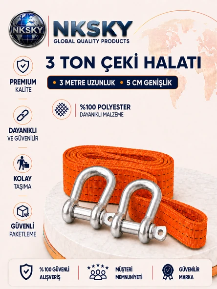 NKSKY 3 Ton Araç Çekme Halatı 3 Metre 5 cm Genişlik Güçlendirilmiş Uçlu Oto Çeki Halatı (Turuncu) ürün görseli 1