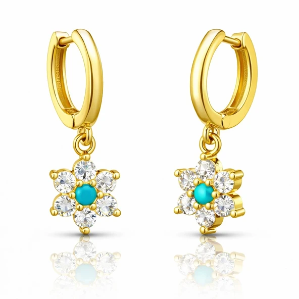 Gümüş Mavi Taşlı Gold Çiçek Kadın Küpe ürün görseli 1