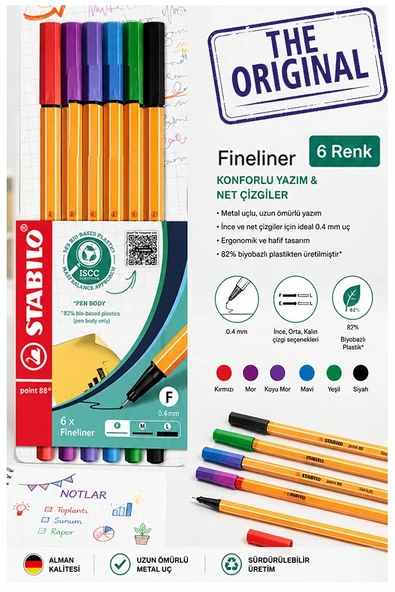 6 Renk Fineliner Kalem 1 Paket Stabilo Point 88 6 lı Ana Renkler İnce Keçe Uçlu Kalem 0.4mm Su Bazlı Mürekkep ürün görseli 1