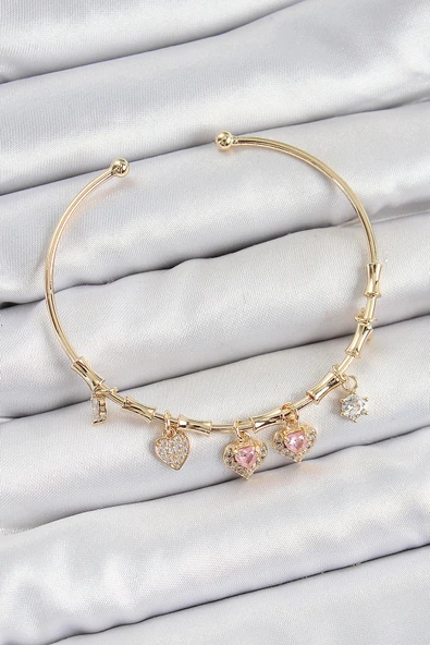 Pirinç Zirkon Taşlı Pembe Kalp Model Gold Renk Charm Bileklik ürün görseli 1