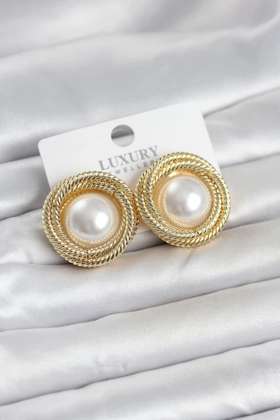 Pirinç Gold Renk Sarmal Model İncili Kadın Küpe ürün görseli 1