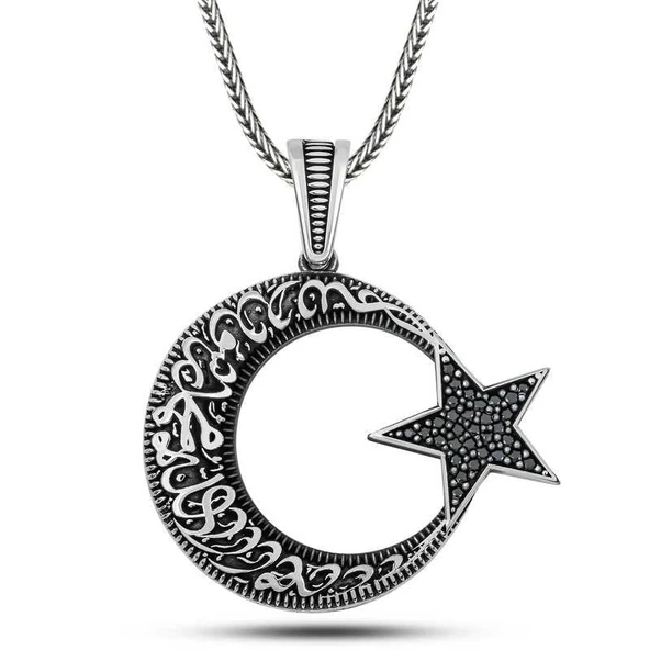 Gümüş Kelime-i Tevhid Yazılı Taşlı Erkek Kolye ürün görseli 1