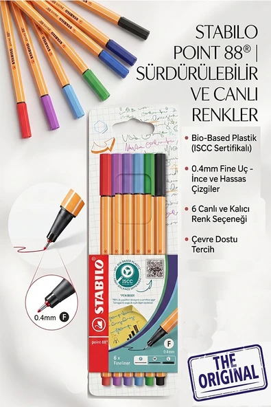6 Renk Fineliner Kalem 1 Paket Stabilo Point 88 6 lı Ana Renkler İnce Keçe Uçlu Kalem 0.4mm Su Bazlı Mürekkep ürün görseli 1