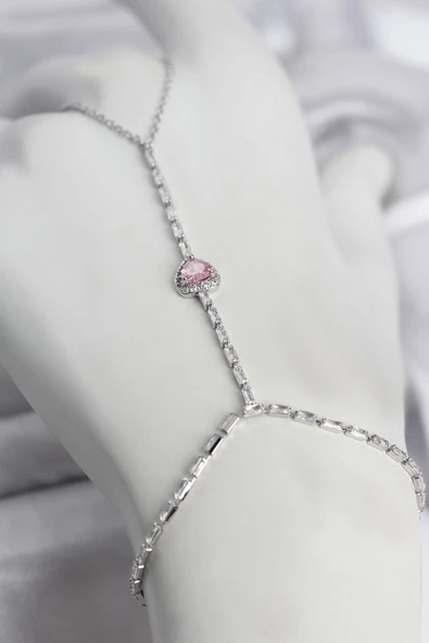 Gümüş Renk Pirinç Zirkon Taşlı Pembe Kalp Model Şahmeran ürün görseli 1