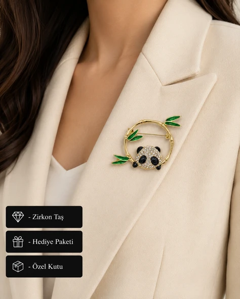 Sevimli Panda ve Bambu Tasarımlı Kristal Taşlı Kadın Broşu – Şık Hediye ürün görseli 1