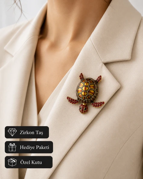 Kırmızı Taşlı Deniz Kaplumbağası Broş – Vintage Tasarım Kadın Yaka İğnesi ürün görseli 1