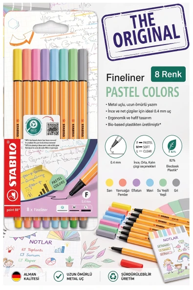 8 Renk Fineliner Kalem 1 Paket Stabilo Point 88 8 li Pastel Renkler İnce Keçe Uçlu Kalem 0.4mm Su Bazlı Mürekkep ürün görseli 1