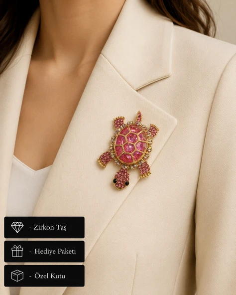 Pembe Taşlı Kaplumbağa Broş – Zarafet ve Şans Simgesi Kadın Yaka İğnesi ürün görseli 1