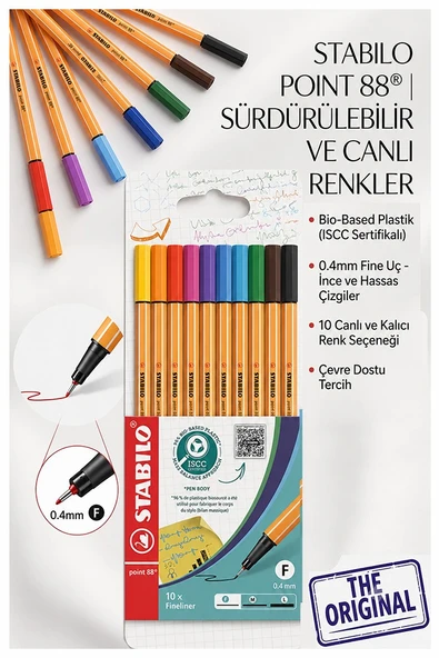 10 Renk Fineliner Kalem 1 Paket Stabilo Point 88 10 lu Ana Renkler İnce Keçe Uçlu Kalem 0.4mm Su Bazlı Mürekkep ürün görseli 1