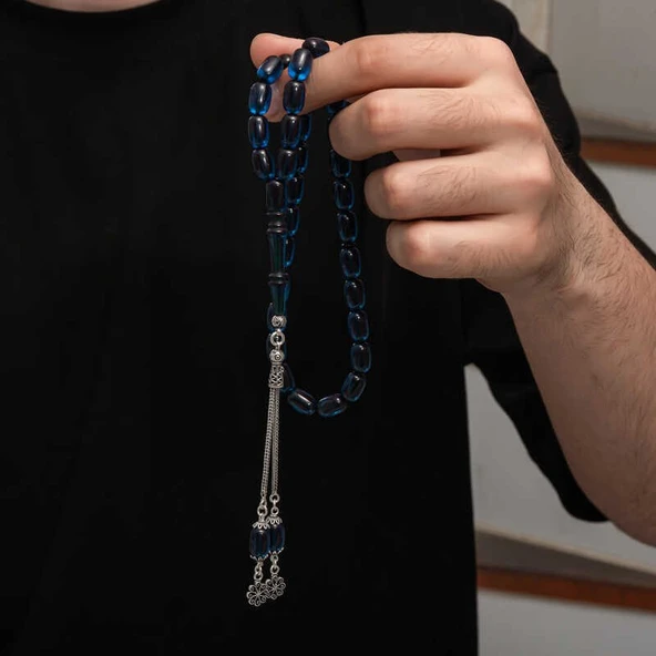 Gümüş Püskül Sıkma Kehribar Tesbih - Resim 2
