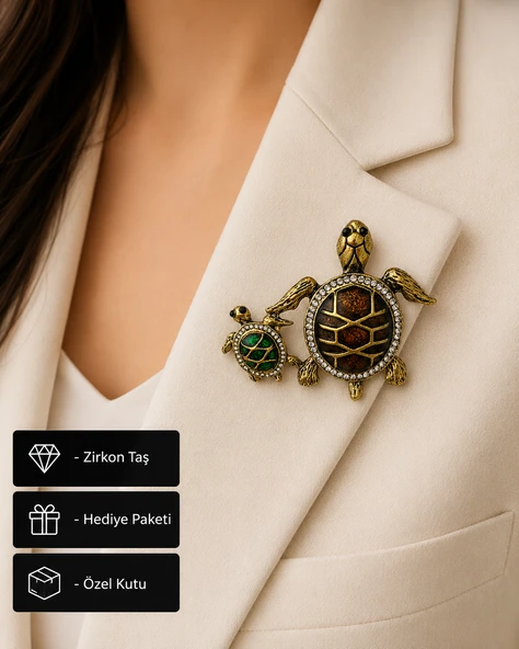 Vintage Kaplumbağa Ailesi Kadın Broşu – Kristal Taşlı Premium Tasarım ürün görseli 1