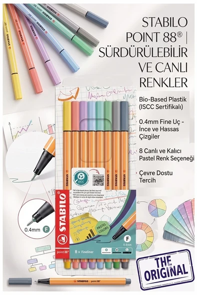 8 Renk Fineliner Kalem 1 Paket Stabilo Point 88 8 li Pastel Renkler İnce Keçe Uçlu Kalem 0.4mm Su Bazlı Mürekkep ürün görseli 1