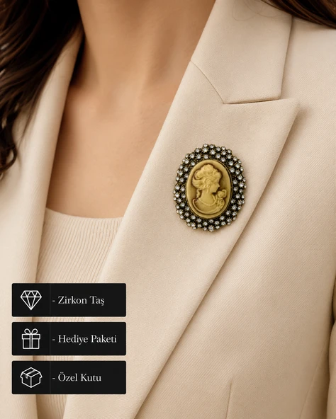 Vintage Cameo Kadın Silüeti Taşlı Broş – Antik Tasarım Zarafet Aksesuarı ürün görseli 1