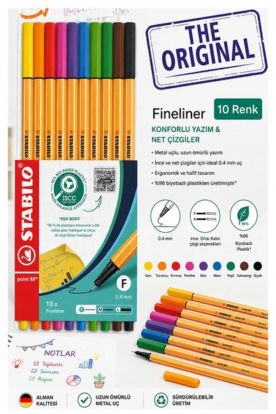 10 Renk Fineliner Kalem 1 Paket Stabilo Point 88 10 lu Ana Renkler İnce Keçe Uçlu Kalem 0.4mm Su Bazlı Mürekkep ürün görseli 1