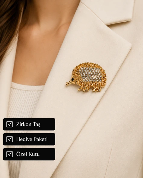 Lüks Kirpi Tasarımlı Taşlı Kadın Broş – Zarafet ve Şansın Işıltılı Simgesi ürün görseli 1