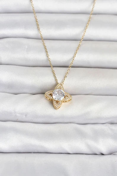 316L Çelik Zincir Gold Renk Yonca Model Kadın Kolye TJ-BKO11078 ürün görseli 1