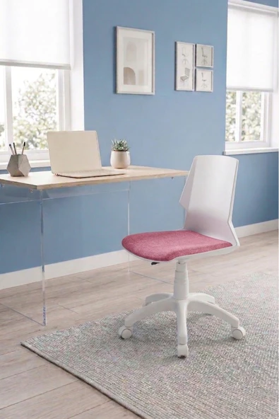 AULE Beyaz Minimalist Çalışma Sandalyesi – Modern Ev Ofis ve Ders Çalışma Koltuğu - Pembe Keten ürün görseli 1