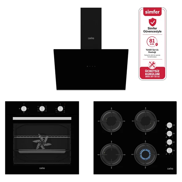 Carino 4 Fonksiyon Mekanik Siyah Power Turbo 3'lü Cam Ocaklı Ankastre Set (Fırın+Ocak+Davlumbaz) ürün görseli 1