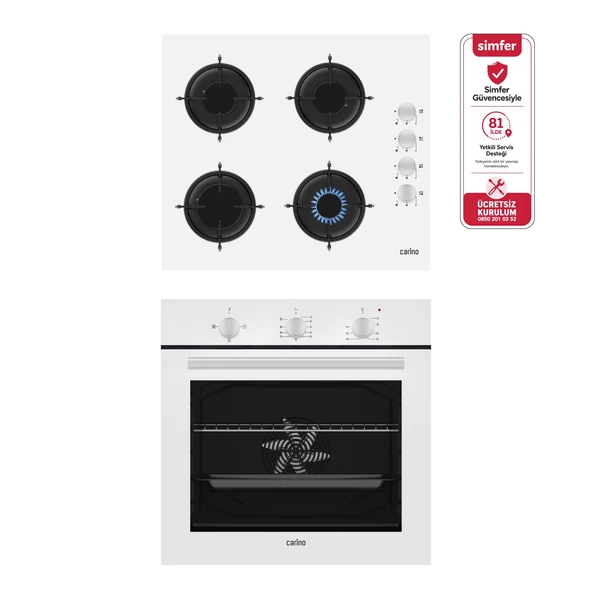 Carino 4 Fonksiyon Mekanik Beyaz Power Turbo 2'li Cam Ocaklı Ankastre Set (Fırın+Ocak) ürün görseli 1