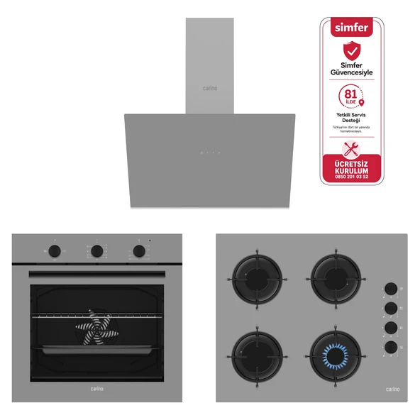 Carino 4 Fonksiyon Mekanik Gri Power Turbo 3'lü Cam Ocaklı Ankastre Set (Fırın+Ocak+Davlumbaz) ürün görseli 1