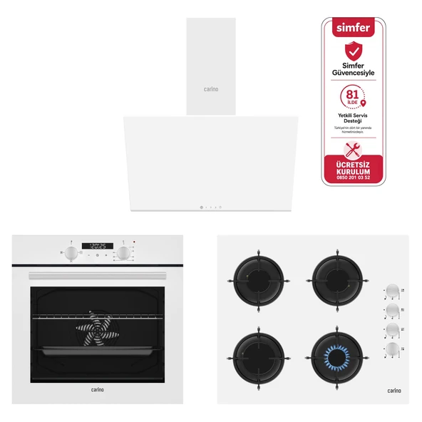 Carino 4 Fonksiyon Dijital Beyaz Power Turbo 3'lü Cam Ocaklı Ankastre Set (Fırın+Ocak+Davlumbaz) ürün görseli 1