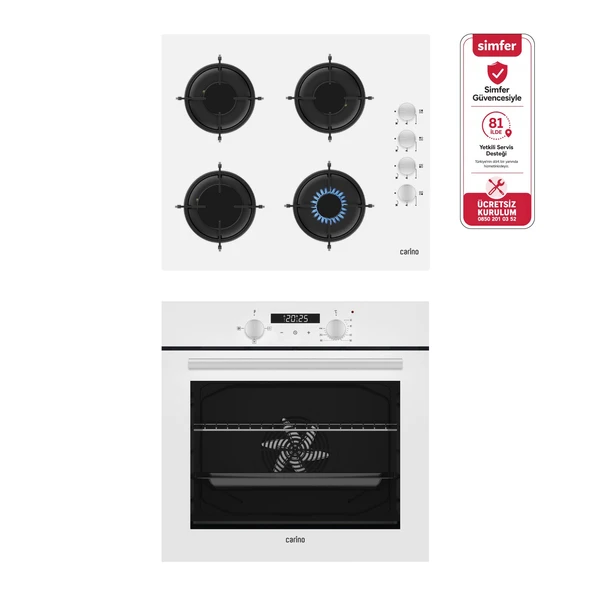 Carino 4 Fonksiyon Dijital Beyaz Power Turbo 2'li Cam Ocaklı Ankastre Set (Fırın+Ocak) ürün görseli 1