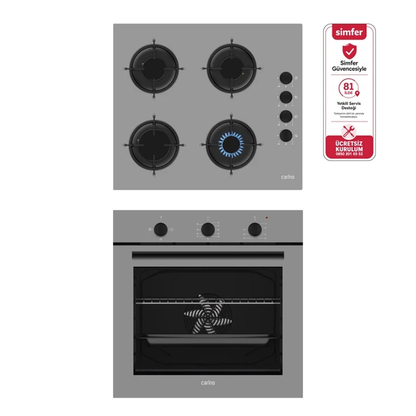Carino 4 Fonksiyon Mekanik Gri Power Turbo 2'li Cam Ocaklı Ankastre Set (Fırın+Ocak) ürün görseli 1