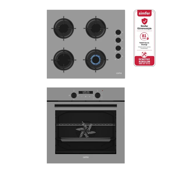 Carino 4 Fonksiyon Dijital Gri Power Turbo 2'li Cam Ocaklı Ankastre Set (Fırın+Ocak) ürün görseli 1