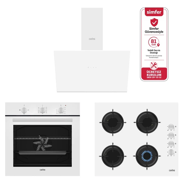 Carino 4 Fonksiyon Mekanik Beyaz Power Turbo 3'lü Cam Ocaklı Ankastre Set (Fırın+Ocak+Davlumbaz) ürün görseli 1