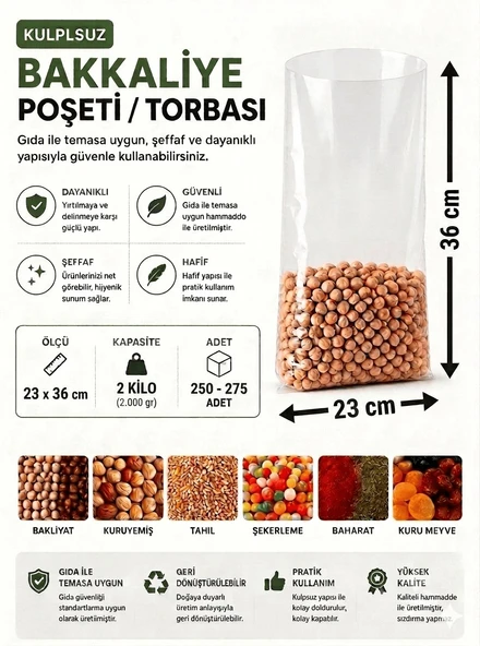 2 NO (250-275 Adet) Bakkaliye ve Erzak Poşeti 23 x 36 cm 2 Kilo Kapasiteli Şeffaf Torba ürün görseli 1