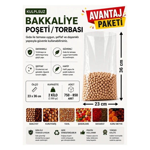2 NO (750-850 Adet) Bakkaliye ve Erzak Poşeti (3'Lü avantaj paket) 23 x 36 cm 2 Kilo Kapasiteli Şeffaf Torba ürün görseli 1