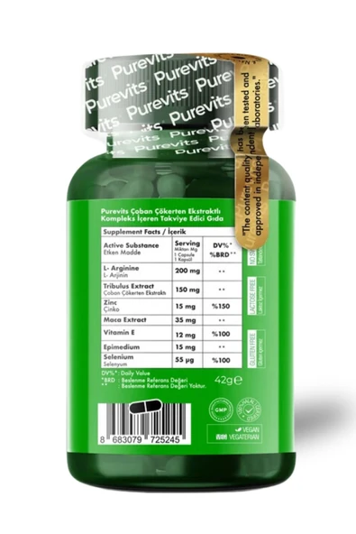 Purevits Tribulus Formen Complex Two Factor 60 Adet Vegan Kapsül - Resim 3