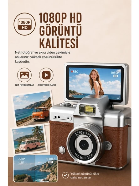Mini Retro Dijital Kamera 1080P Hd Video Fotoğraf Makinesi – 180° Dönen Selfie Ekranlı Kahverengi ürün görseli 1
