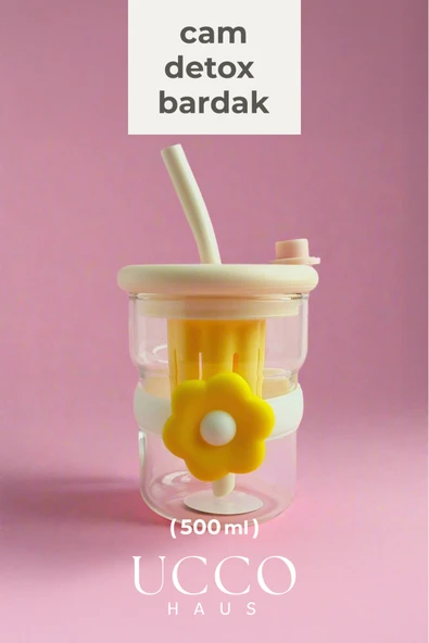 UCCO 500ml Papatya Desenli Pipetli Cam Detox Termos Matara Bardak - Su Meşrubat Limonata Bardağı/607B ürün görseli 1
