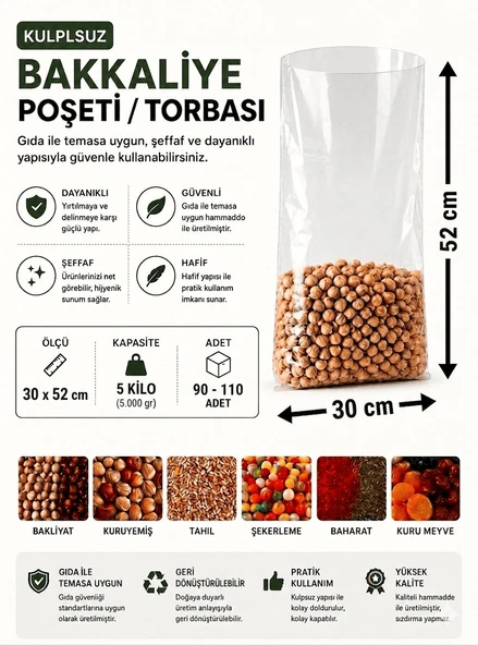 5 NO (90-110 Adet) Bakkaliye ve Erzak Poşeti 30 x 52 cm 5 Kilo Kapasiteli Şeffaf Torba ürün görseli 1