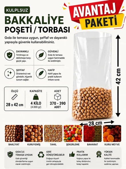 4 NO (370 -390 Adet) Bakkaliye ve Erzak Poşeti (3'Lü avantaj paket) 28 x 42 cm 4 Kilo Kapasiteli Şeffaf Torba ürün görseli 1