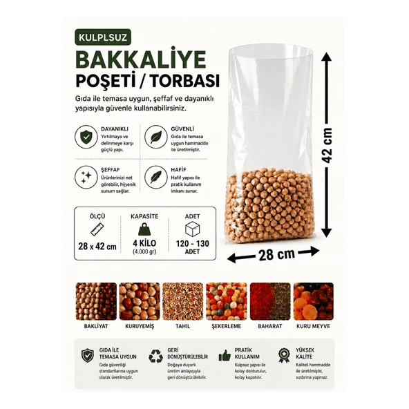4 NO (120-130 Adet) Bakkaliye ve Erzak Poşeti 28 x 42 cm 4 Kilo Kapasiteli Şeffaf Torba ürün görseli 1